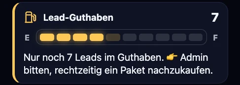 Tankanzeige Lead-Guthaben in der App: wenig Guthaben, Warnleuchte an, Hinweis an den Admin, rechtzeitig ein Paket nachzukaufen