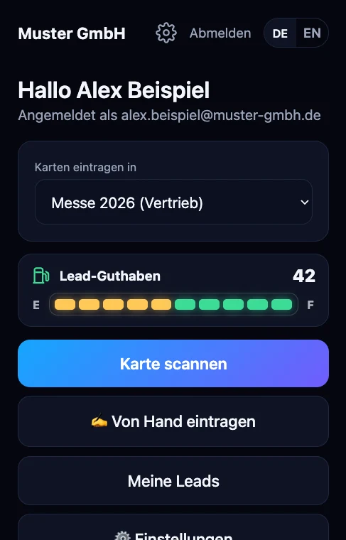 Startseite der App: Kanal »Messe 2026 (Vertrieb)«, Lead-Guthaben als Tankanzeige und der Knopf »Karte scannen«