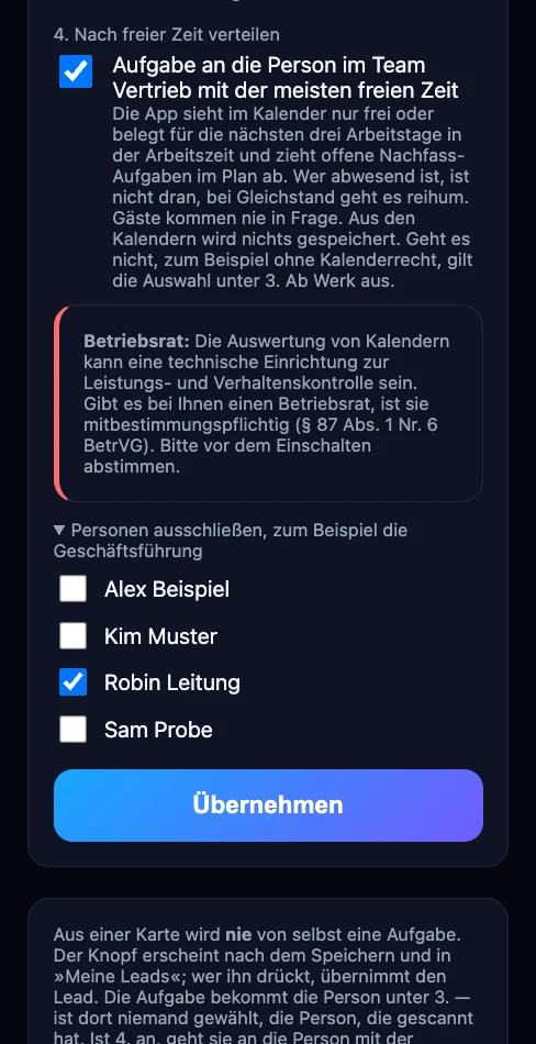 Einstellung je Kanal: »4. Nach freier Zeit verteilen« eingeschaltet, Hinweis zum Betriebsrat, Robin Leitung ausgeschlossen