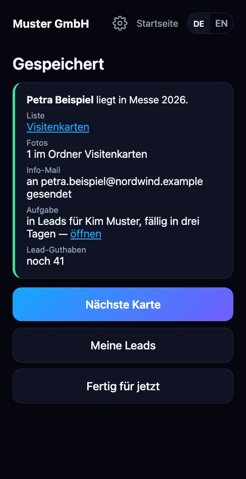 Seite »Gespeichert«: Aufgabe in Leads für Kim Muster, fällig in drei Tagen