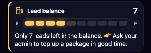 Lead balance fuel gauge in the app: low balance, warning light on, note to the admin to top up in time