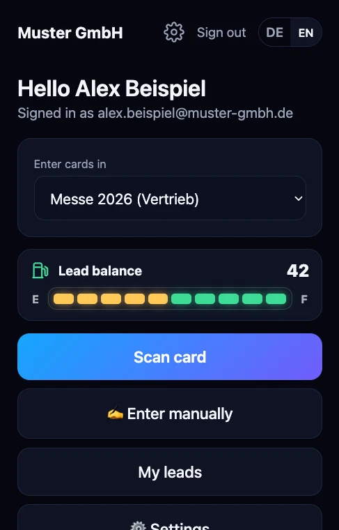 Start page of the app: channel »Messe 2026 (Vertrieb)«, lead balance as a fuel gauge and the »Scan card« button