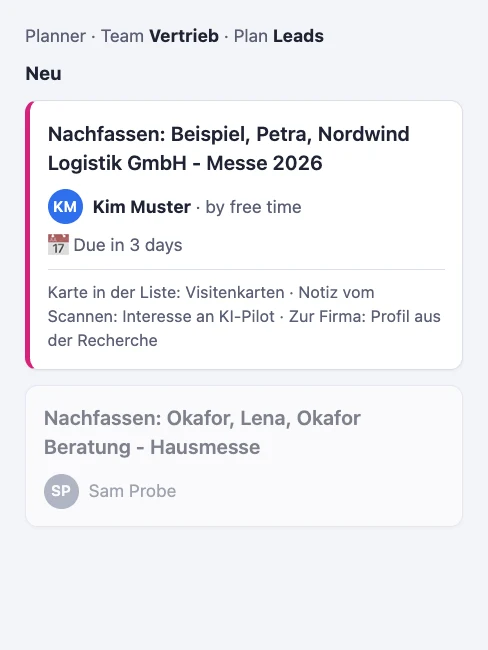Planner with the new follow-up task for Petra Beispiel, assigned to Kim Muster by free time, due in three days