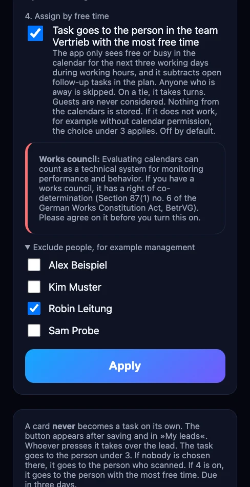 Setting per channel: »4. Assign by free time« turned on, note about the works council, Robin Leitung excluded