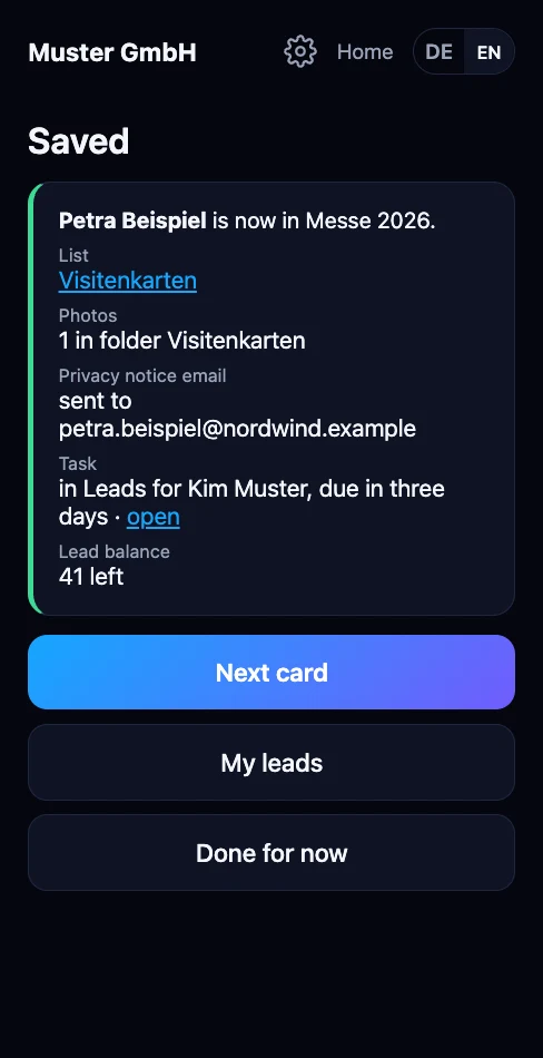 »Saved« page: task in Leads for Kim Muster, due in three days